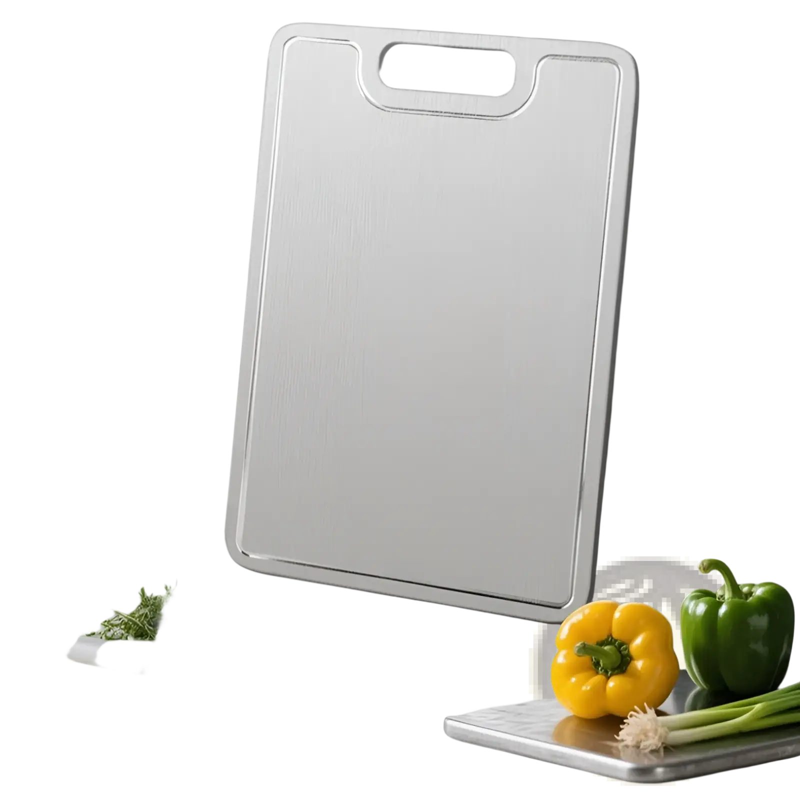 Rectangular titanium cutting board with brushed stainless steel finish and integrated handle for portable use