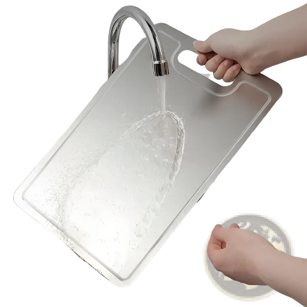 Silver rectangular plastic titanium cutting board with built-in handle and rounded corners for portable chopping