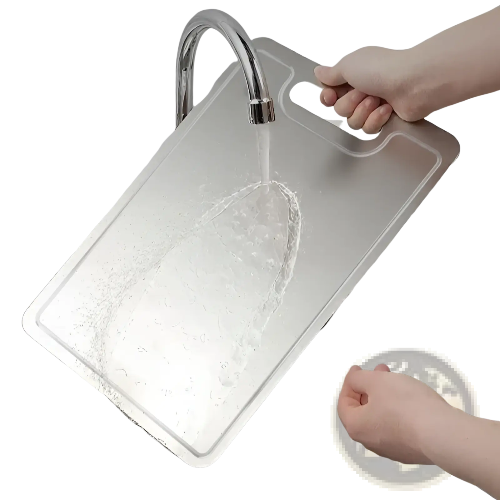 Silver rectangular plastic titanium cutting board with built-in handle and rounded corners for portable chopping