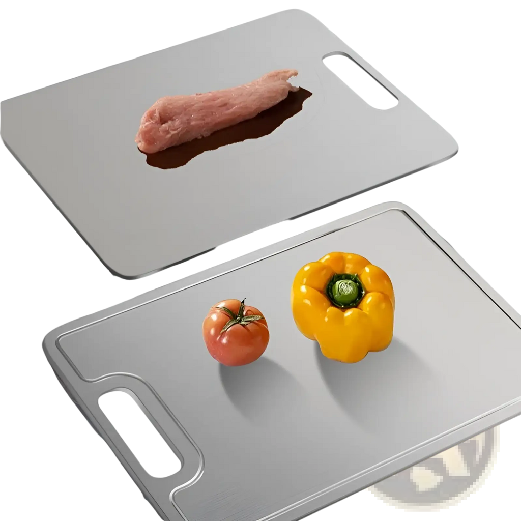 Silver titanium cutting board with rounded corners and built-in handle for portable metal chopping use