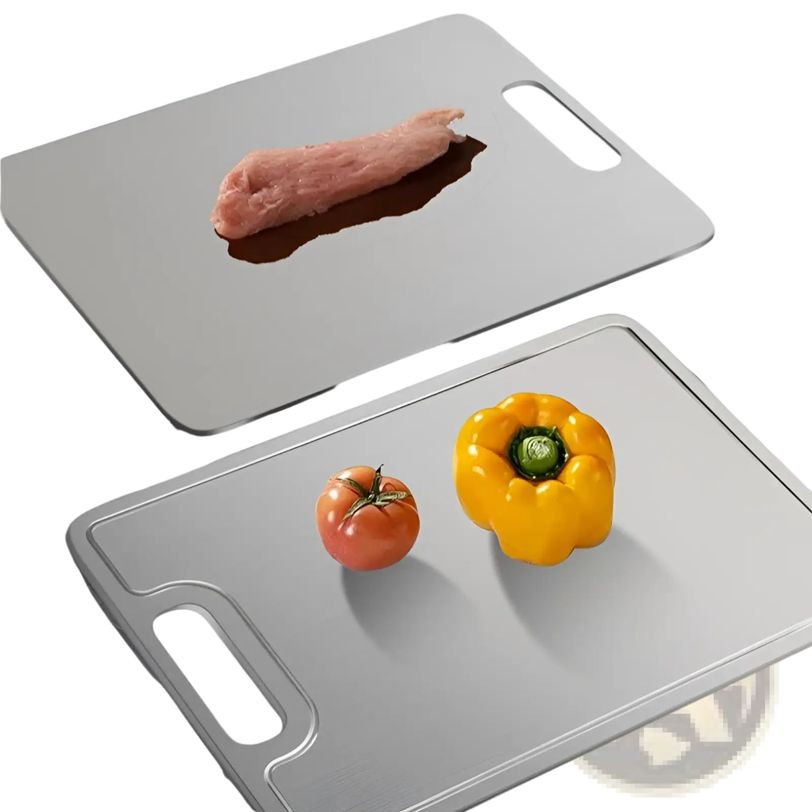 Silver titanium cutting board with rounded corners and built-in handle for portable metal chopping use