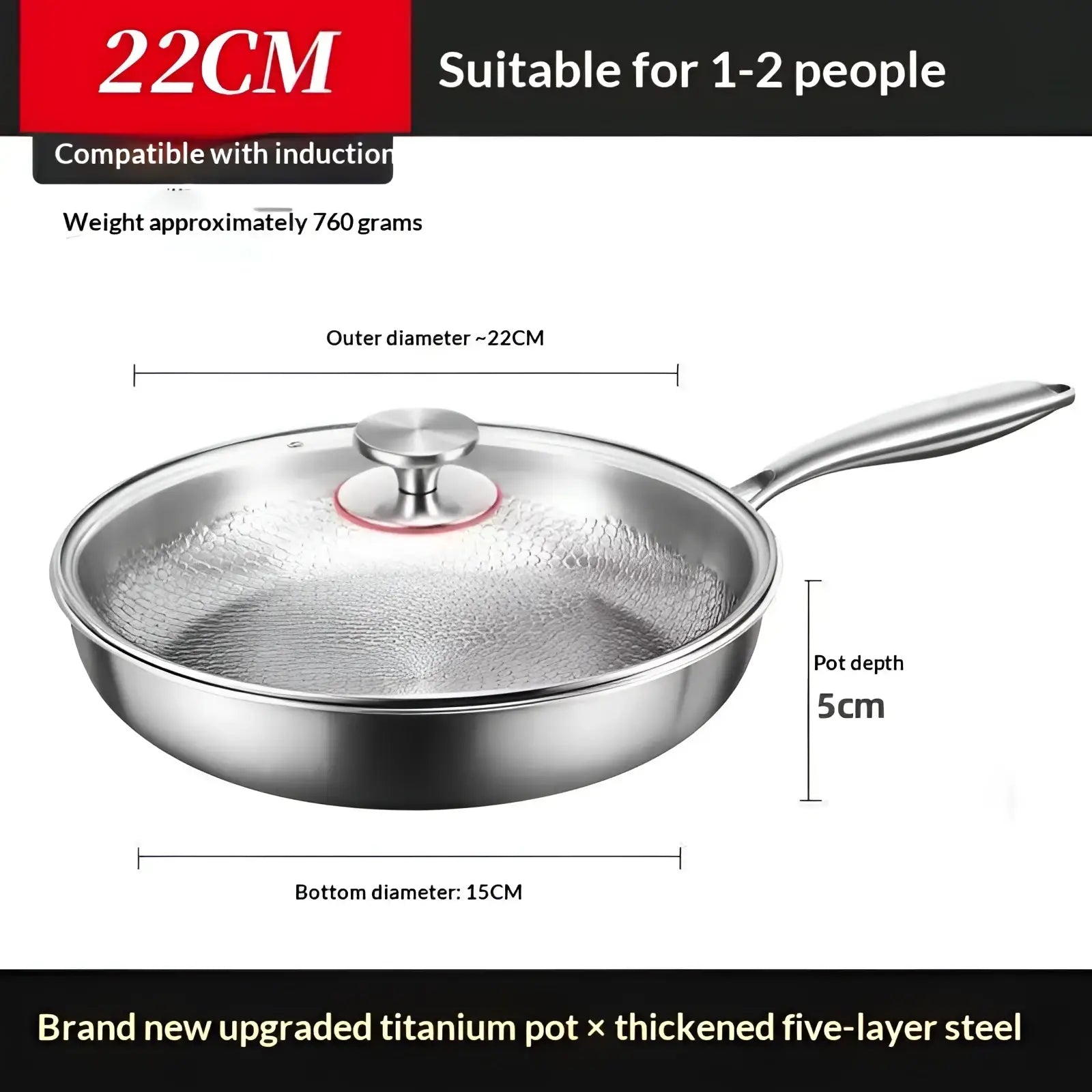 A sleek 22cm titanium hammered stainless steel non-stick frying pan with textured glass lid for induction cooking