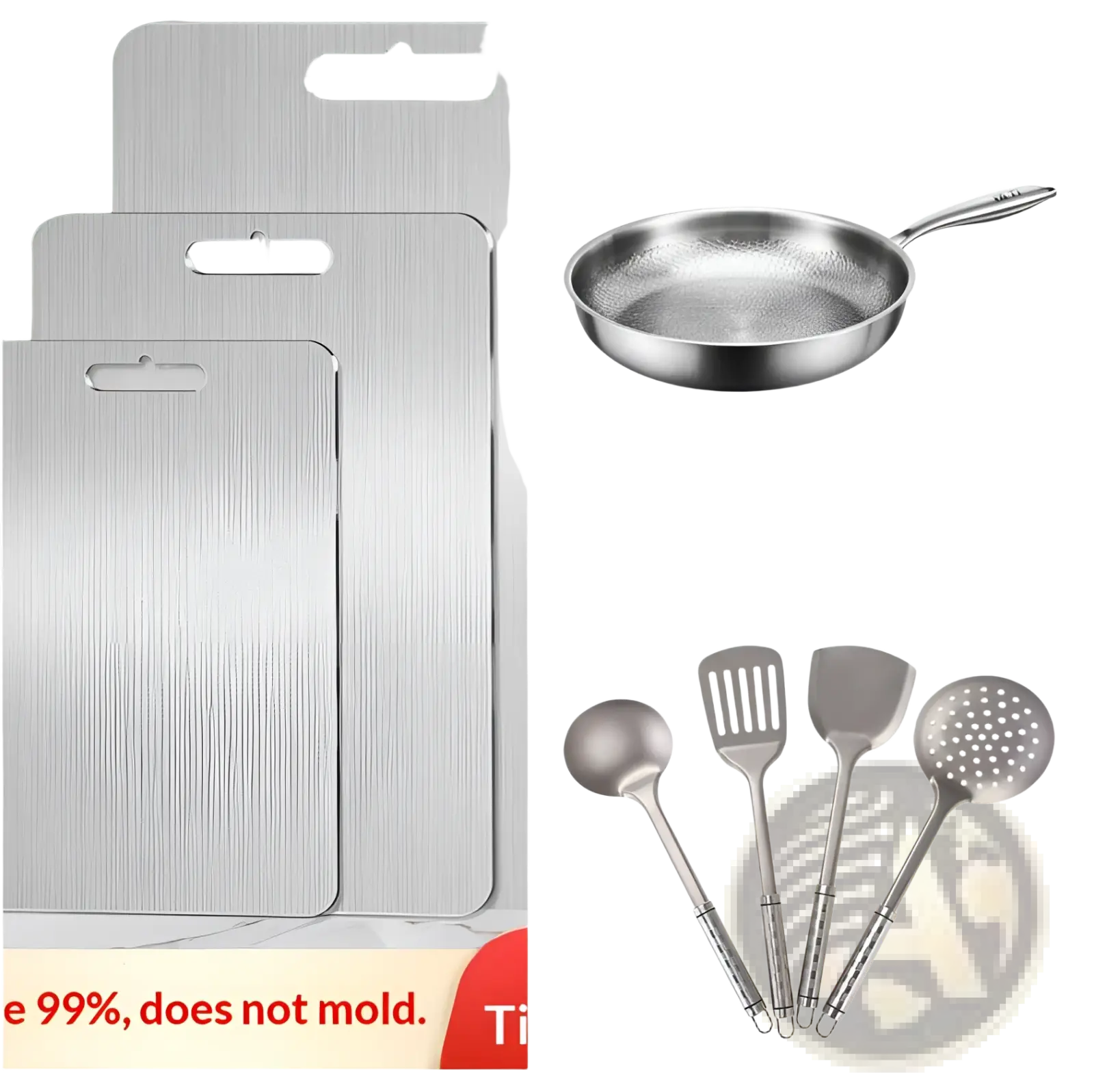 Set of three brushed stainless steel cutting boards with integrated handles complementing titanium hammered non-stick frying pan