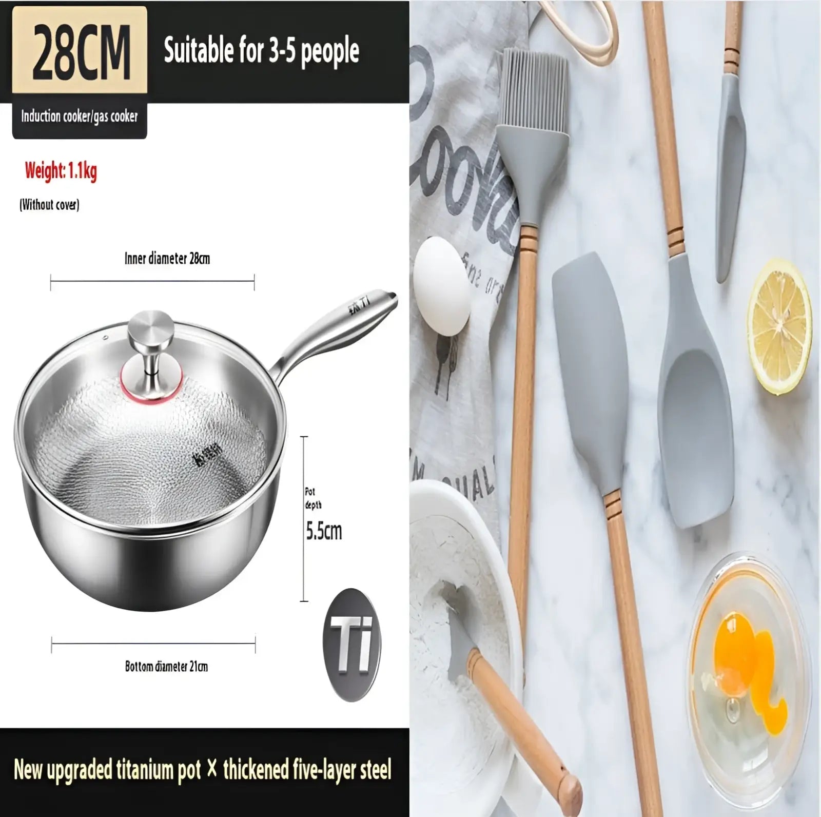 Silver stainless steel titanium hammered non-stick frying pan with textured surface and matching lid with round knob