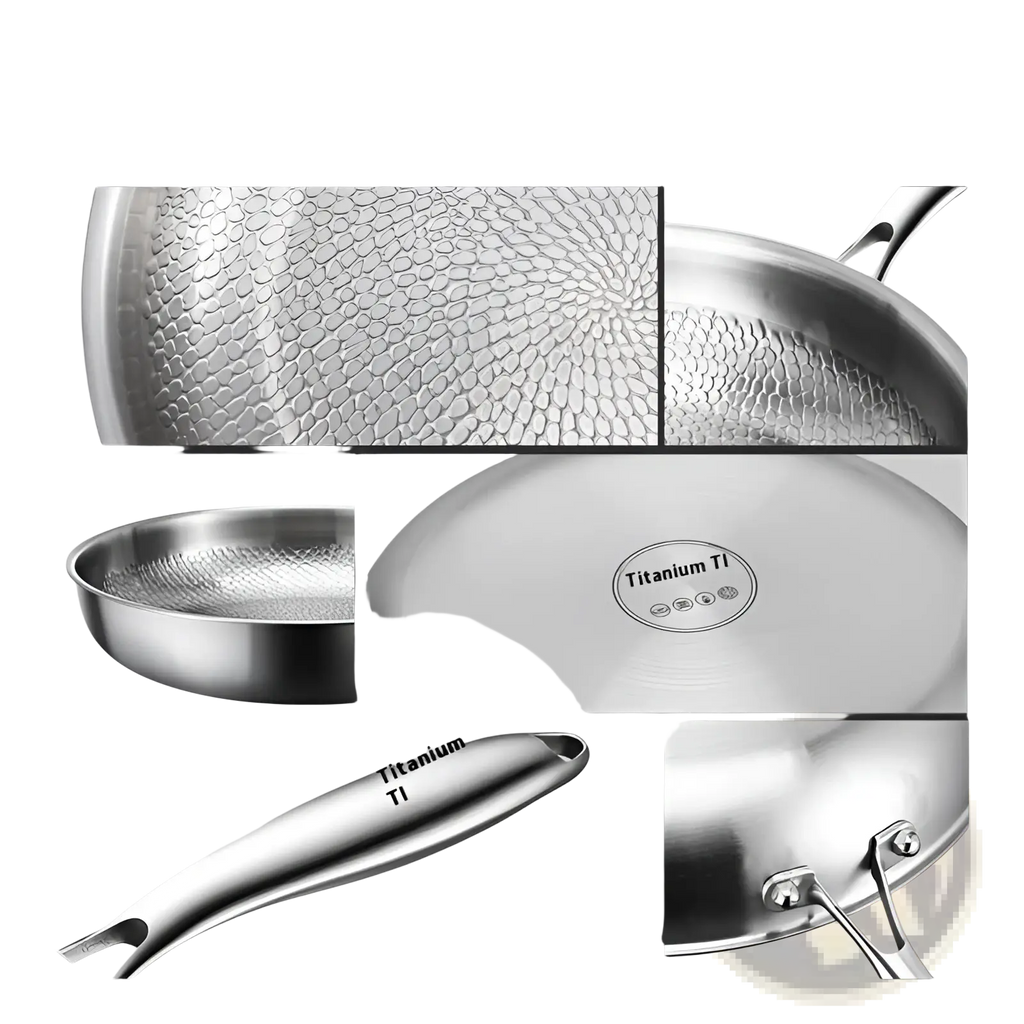 Silver titanium hammered non-stick wok with sleek modern design for versatile frying and cooking use