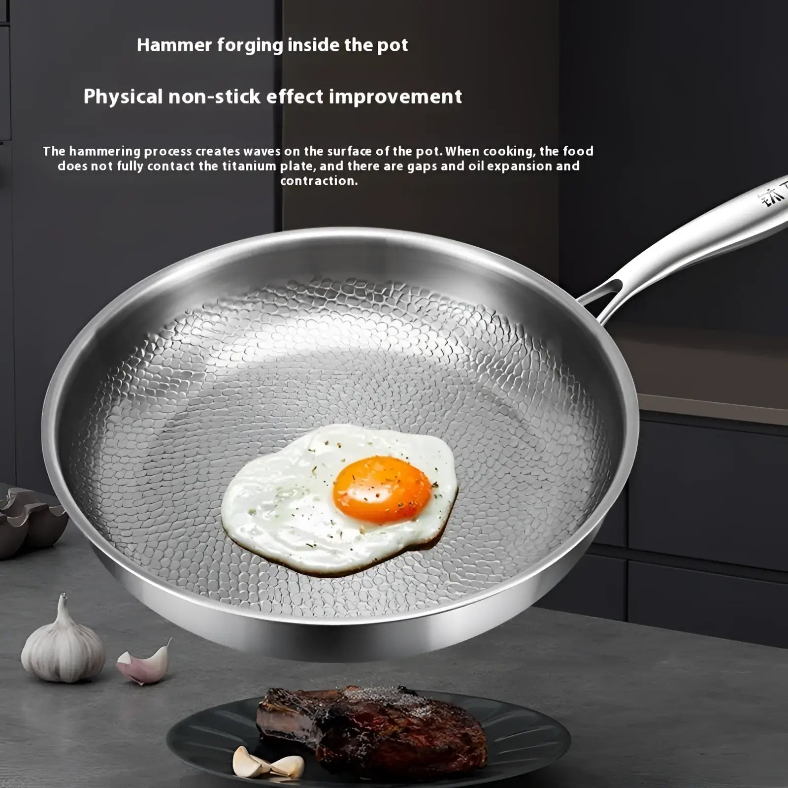 Silver hammered titanium non-stick frying pan with wave-like textured surface and sleek handle with lid