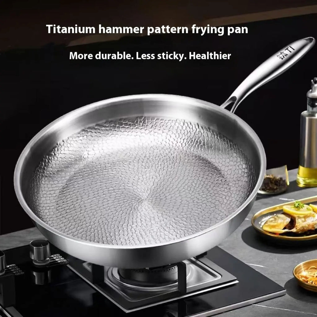 Silver titanium hammered non-stick frying pan with sleek modern handle and textured surface, includes lid