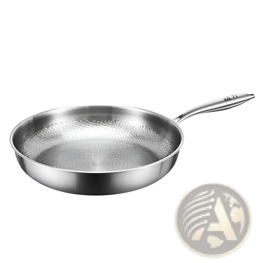 Silver stainless steel frying pan with hammered texture and sleek handle in titanium non-stick design with lid
