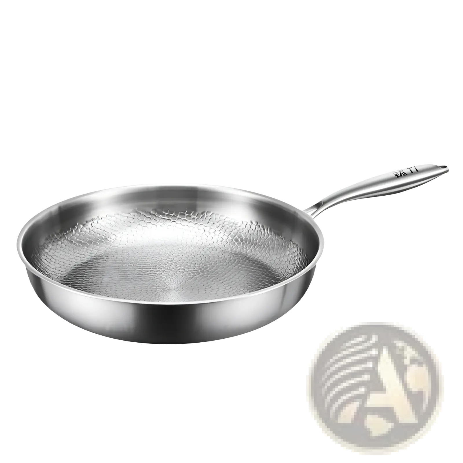 Silver stainless steel frying pan with hammered texture and sleek handle in titanium non-stick design with lid