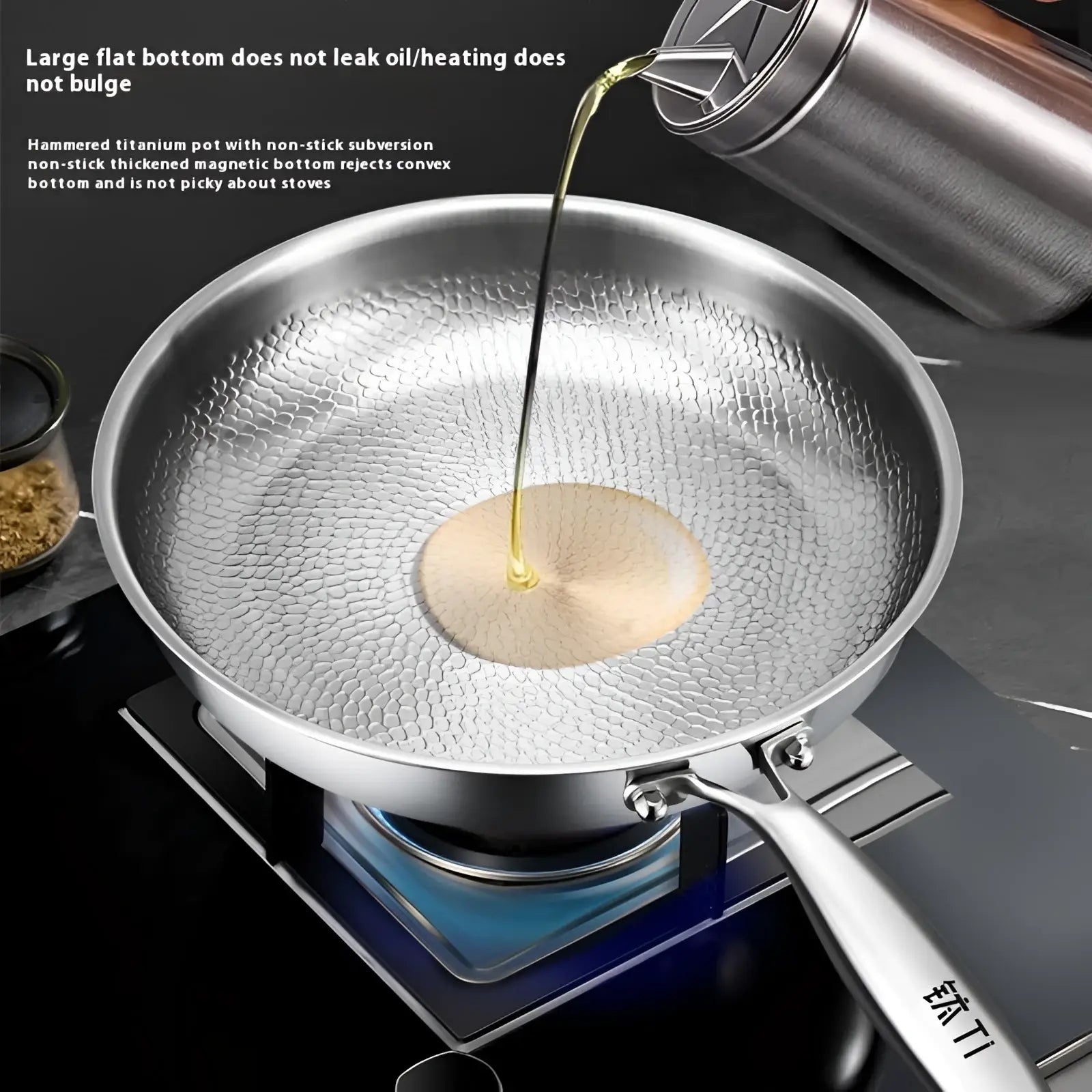 Silver hammered titanium non-stick frying pan with magnetic base and lid for versatile cooking
