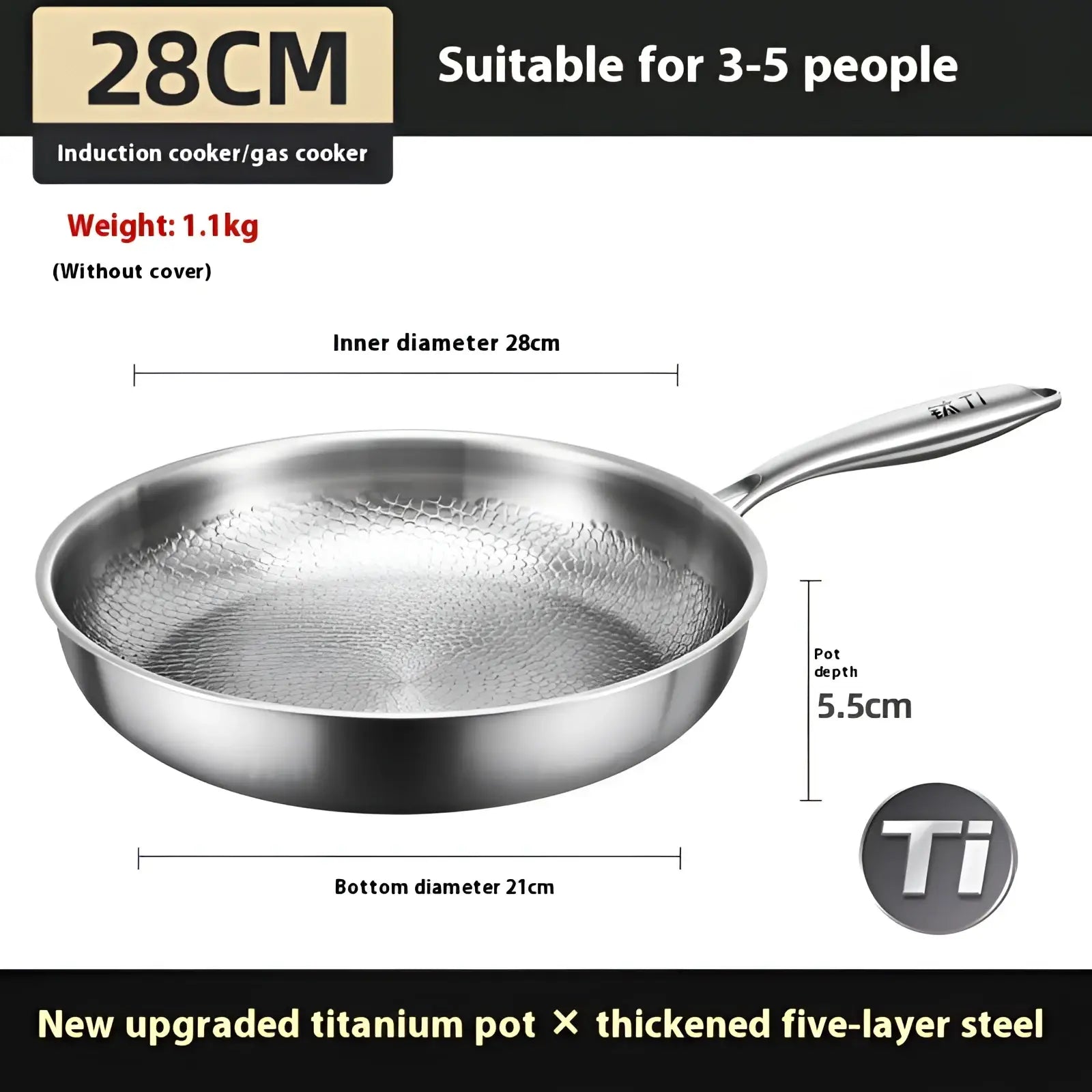 A sleek 28cm titanium hammered non-stick frying pan with stainless steel interior and ergonomic handle with lid