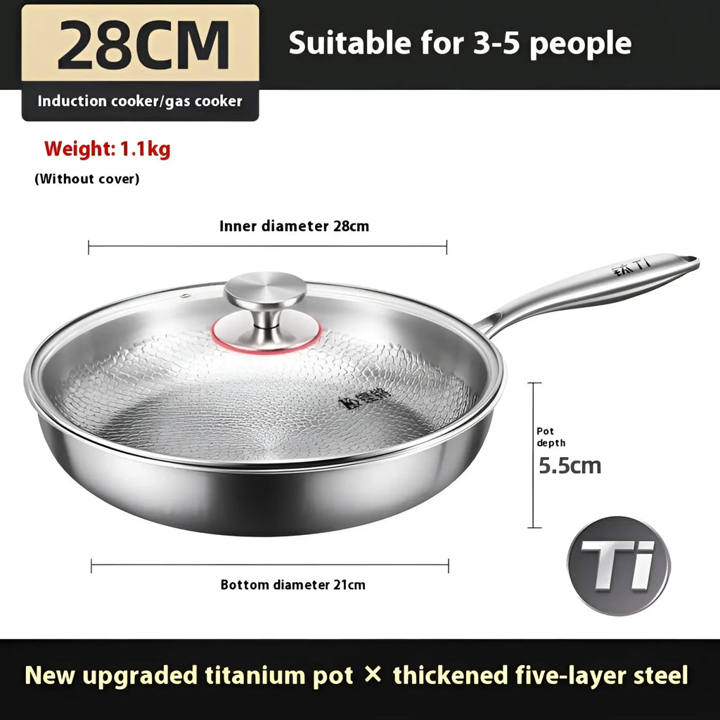 A sleek 28cm titanium hammered stainless steel non-stick frying pan with matching lid and long handle