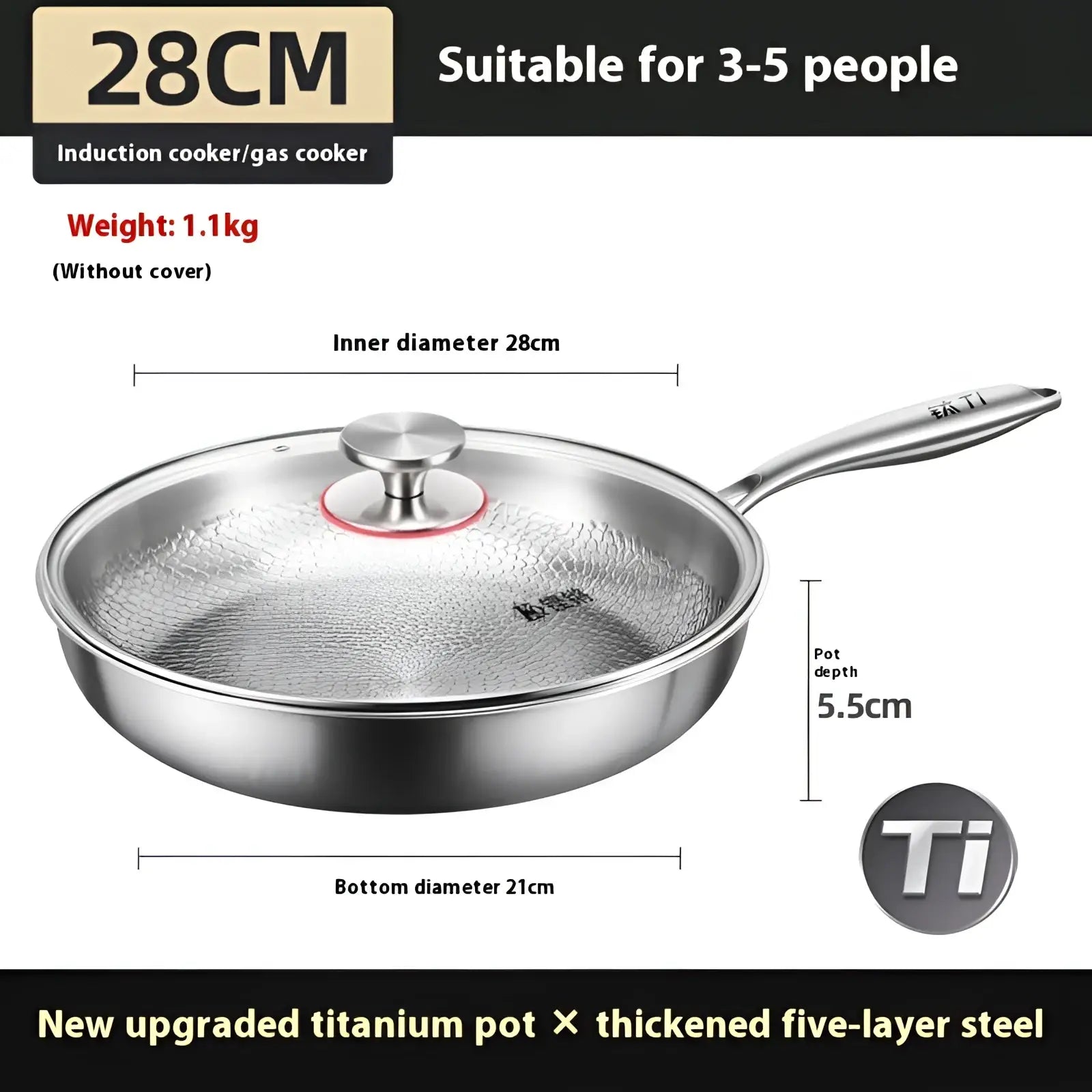 A sleek 28cm titanium hammered stainless steel non-stick frying pan with matching lid and long handle