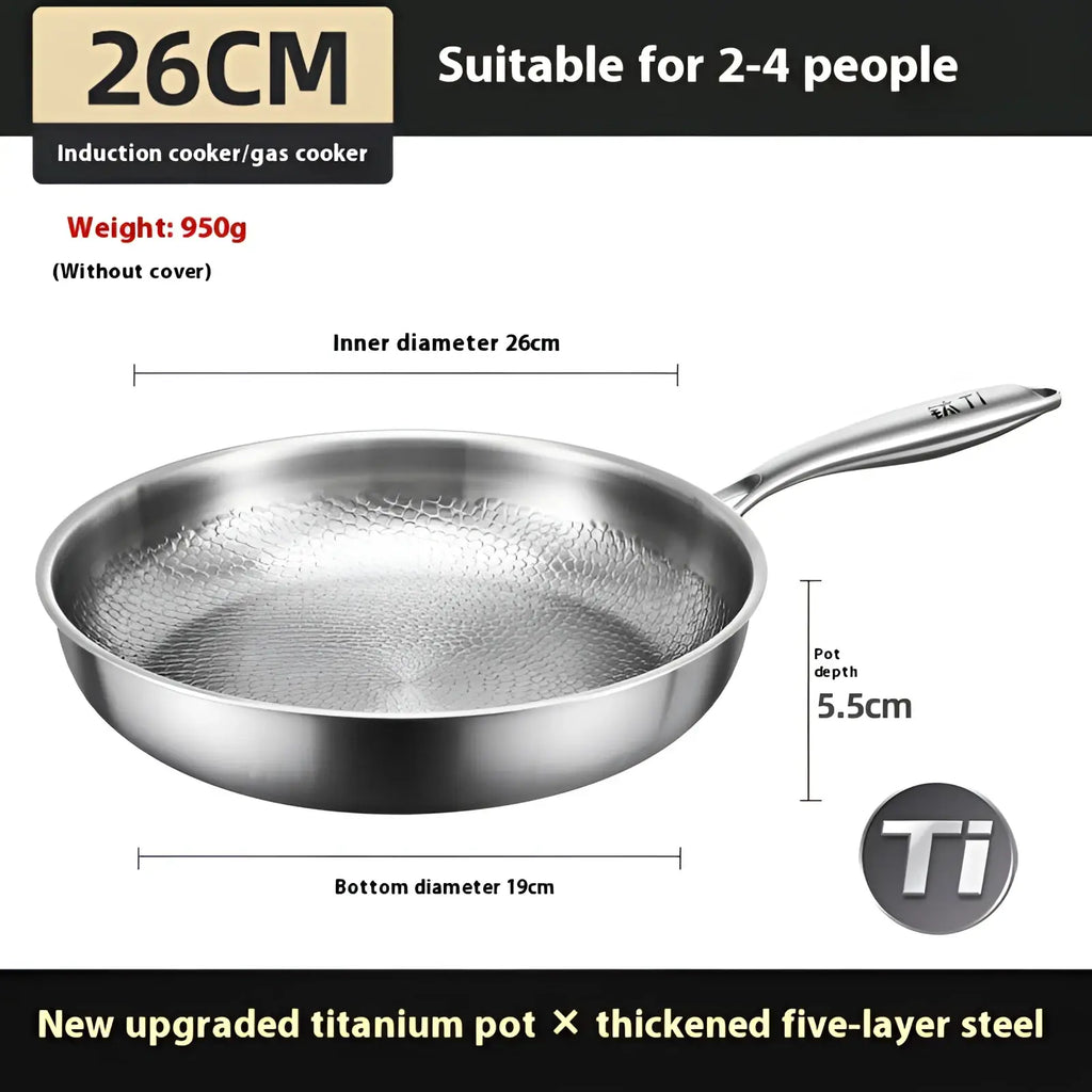 A sleek 26cm titanium hammered non-stick frying pan with stainless steel body and textured glass lid