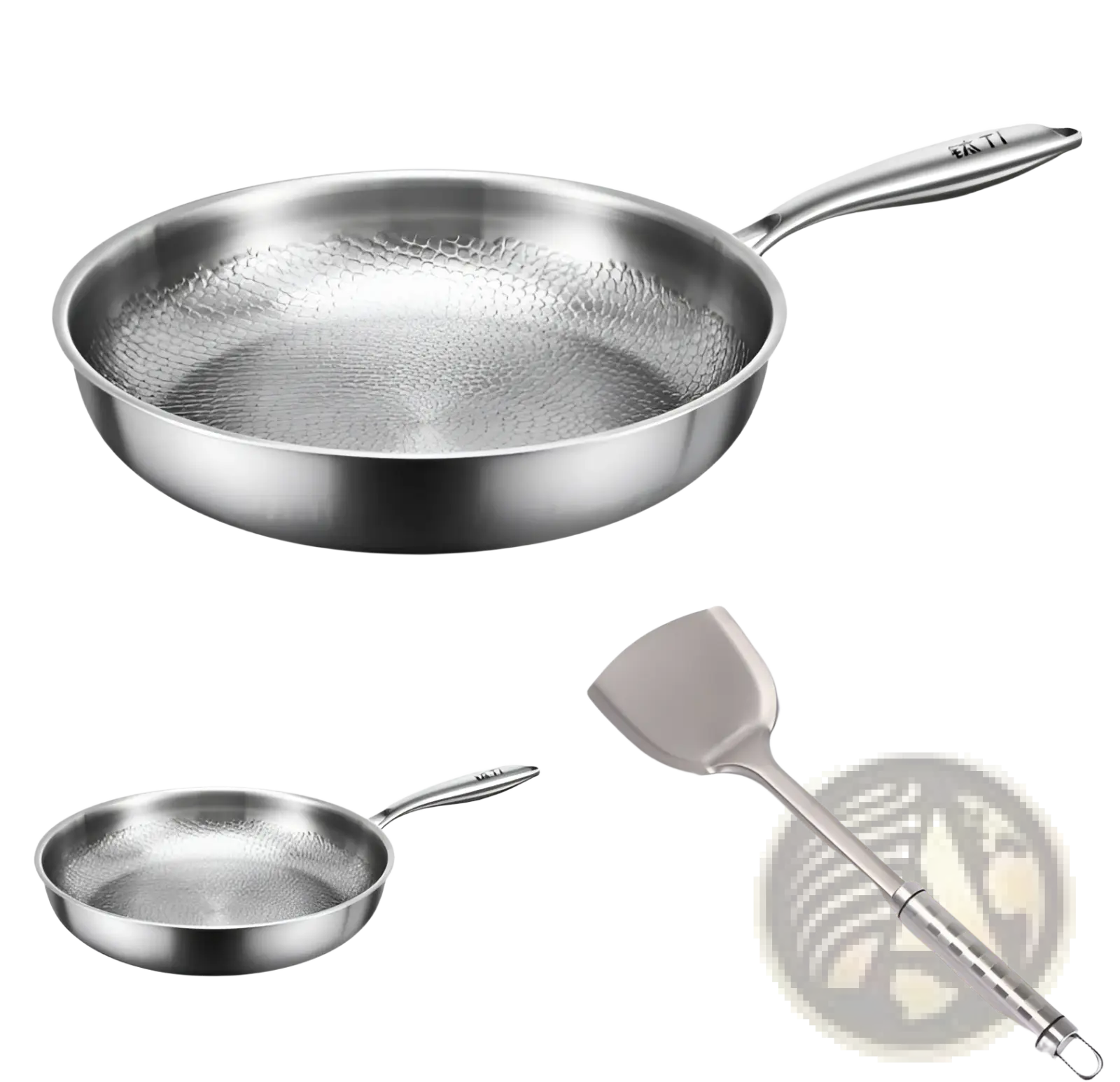 26cm titanium hammered non-stick stainless steel frying pan with lid and matching spatula featuring sleek metallic finish
