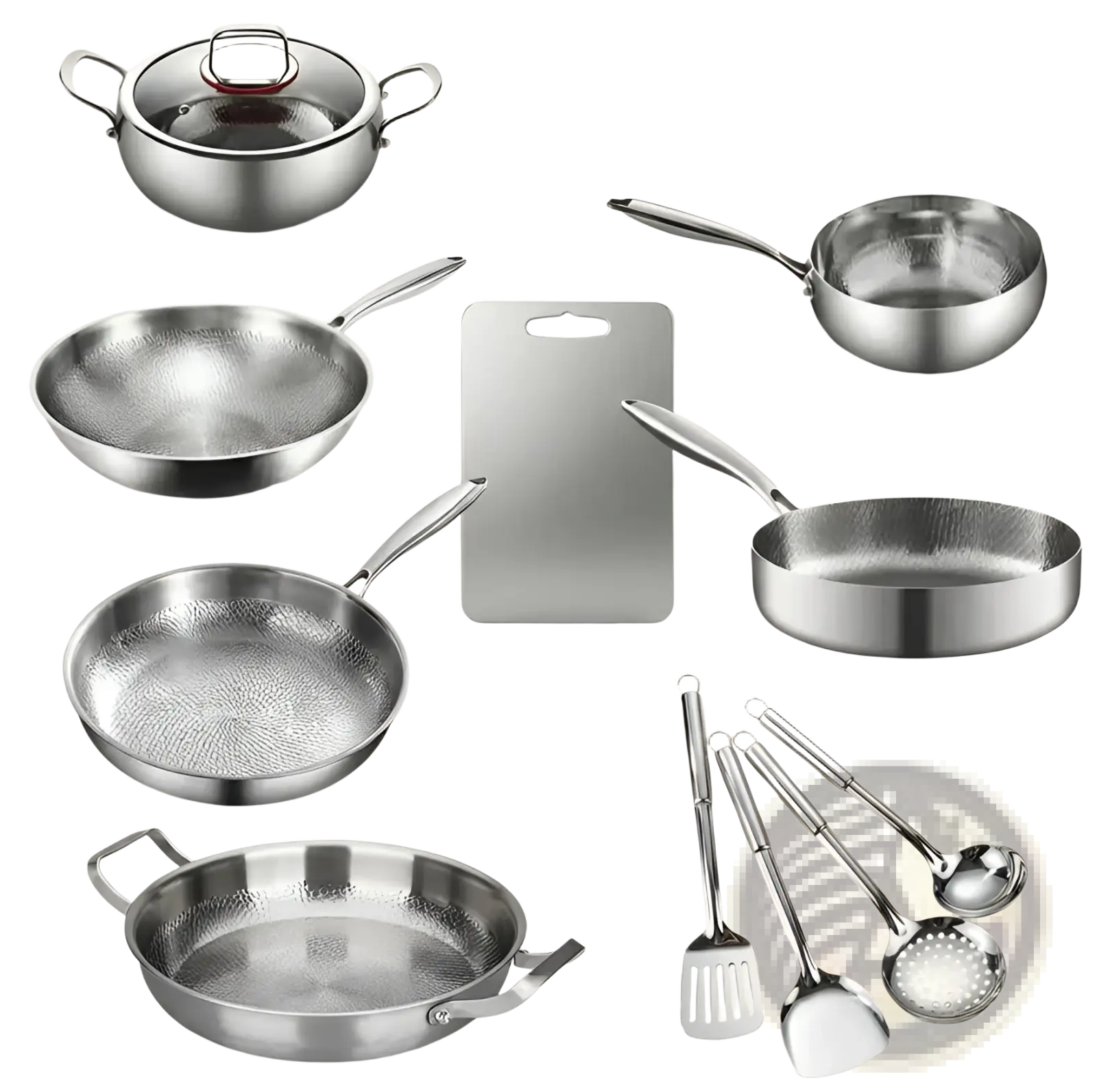 Set of stainless steel titanium hammered non-stick cookware with lid and matching utensils in silver finish