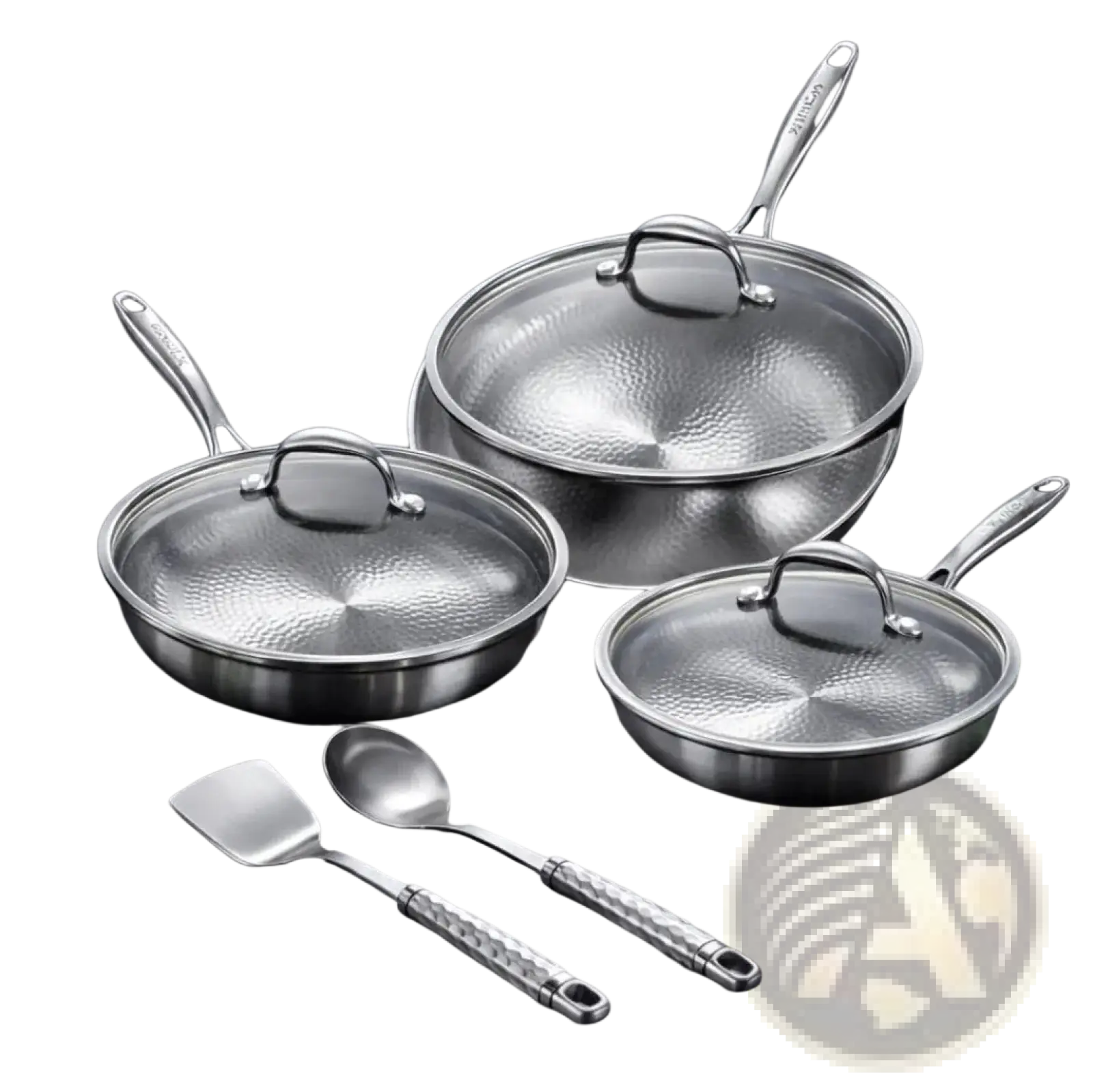 Stainless steel hammered cookware set with matching lids and utensils featuring titanium non-stick frying pan