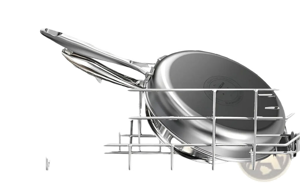 Silver titanium non-stick 10-inch frying pan made of stainless steel resting in dishwasher rack with long handle visible