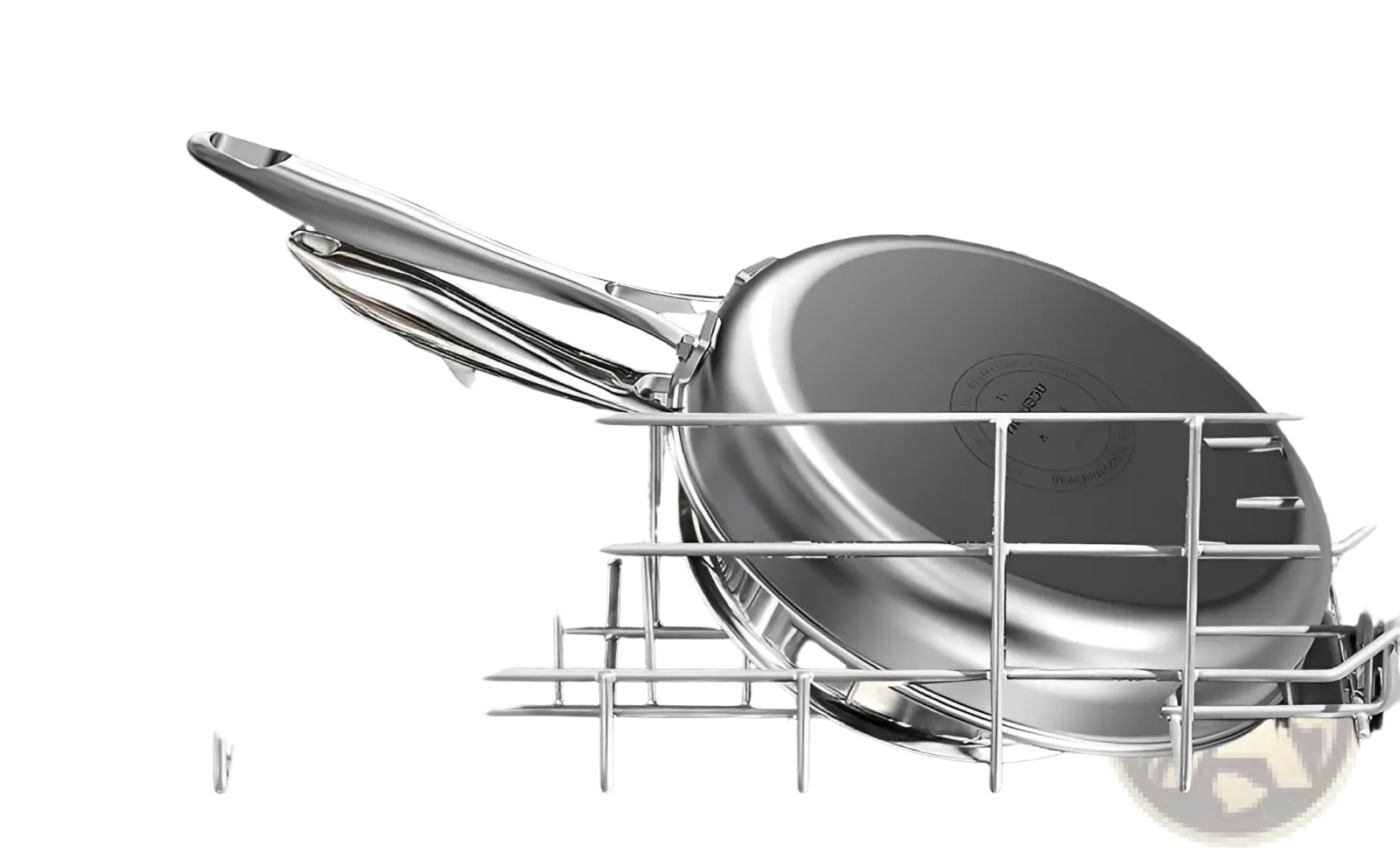 Silver titanium non-stick 10-inch frying pan made of stainless steel resting in dishwasher rack with long handle visible