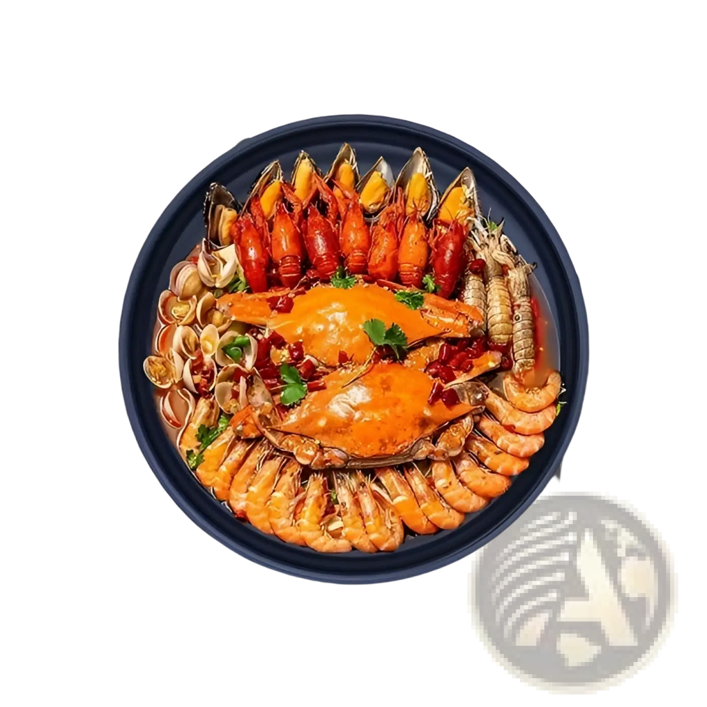 A navy blue titanium non-stick frying pan 10 inch stainless steel filled with vibrant seafood medley including crawfish shrimp and crab