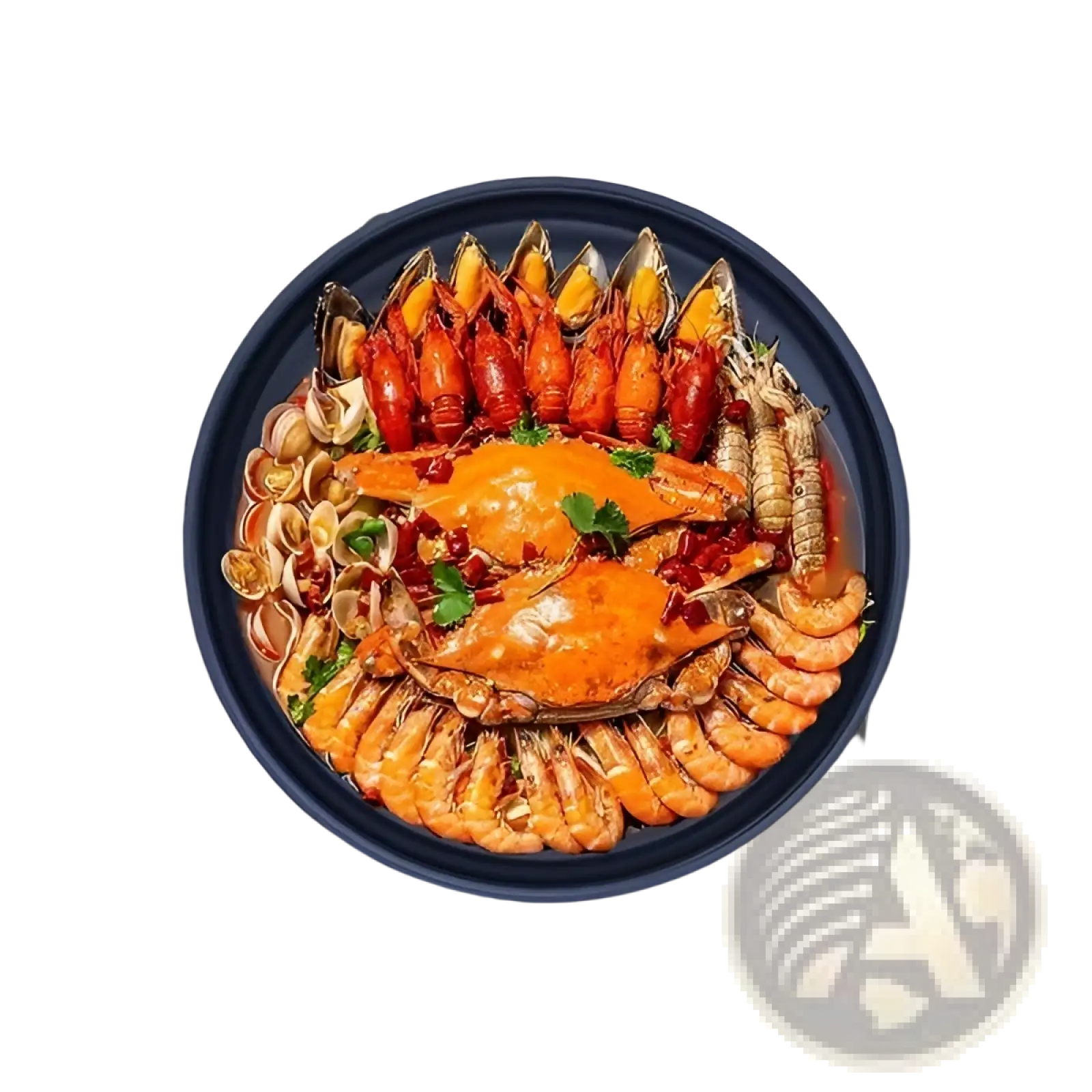 A navy blue titanium non-stick frying pan 10 inch stainless steel filled with vibrant seafood medley including crawfish shrimp and crab