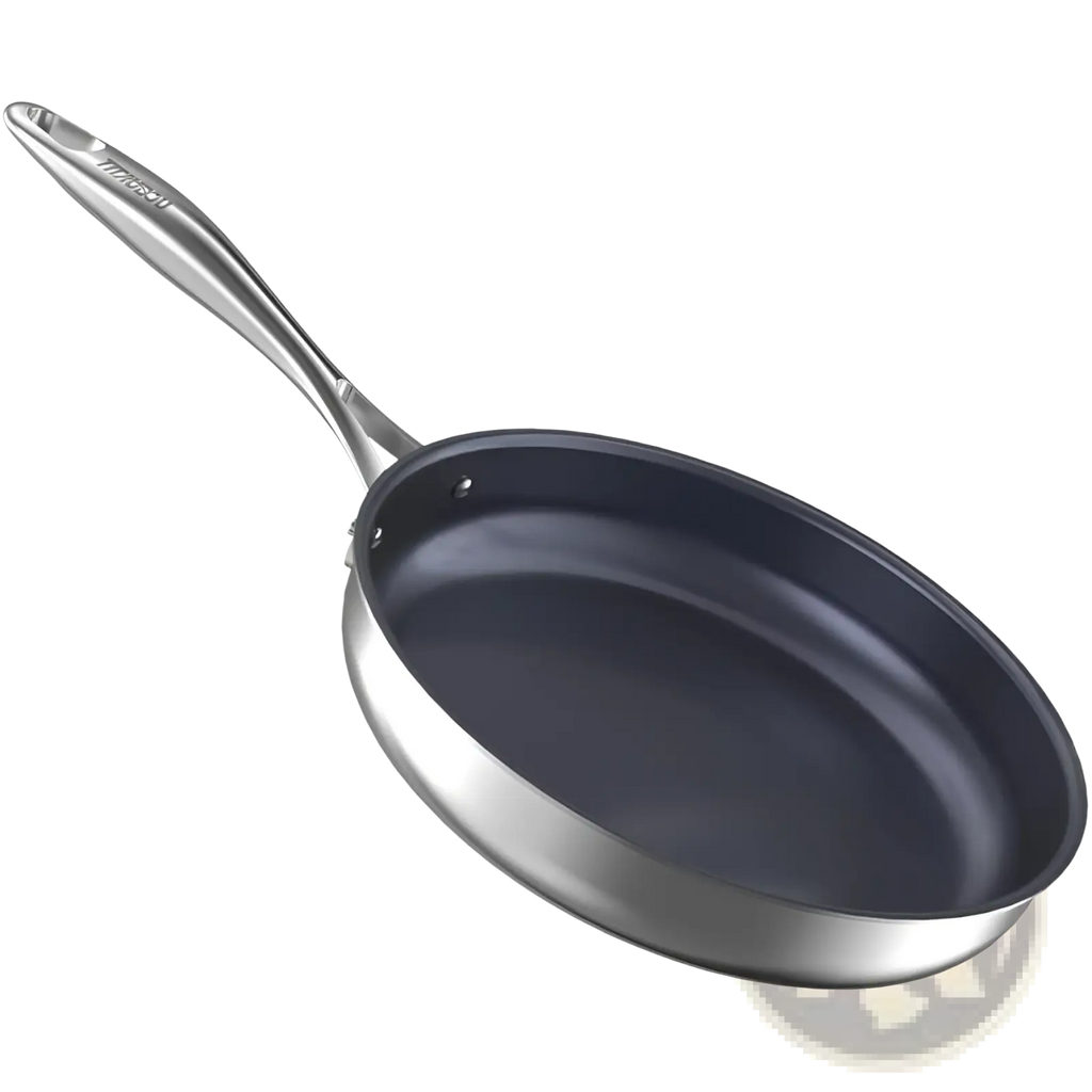 Silver-finished titanium non-stick frying pan 10-inch stainless steel with sleek oval shape and sturdy handle