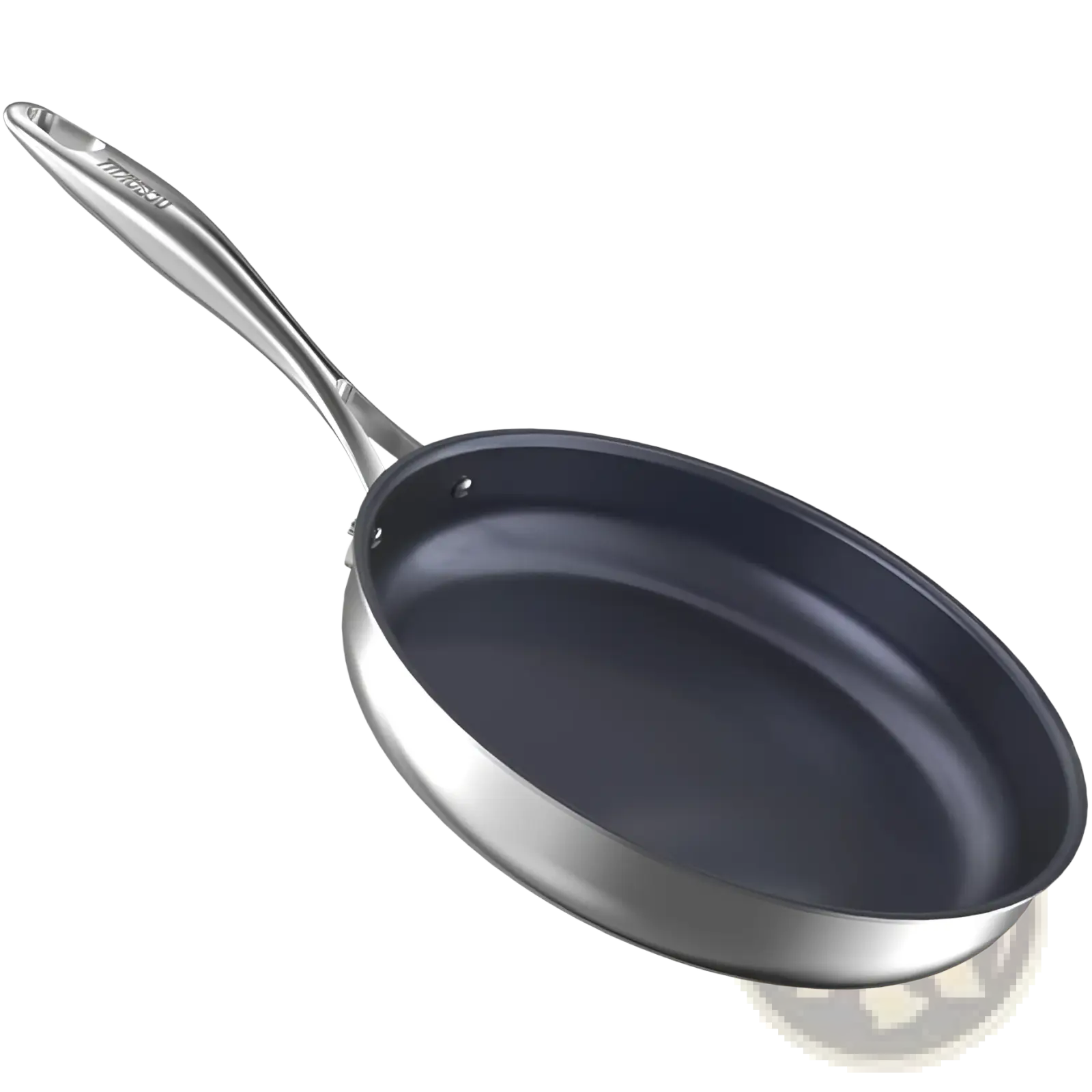 Silver-finished titanium non-stick frying pan 10-inch stainless steel with sleek oval shape and sturdy handle