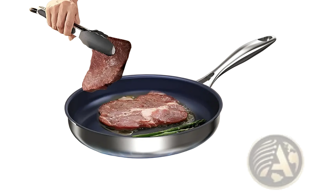 Blue 10-inch titanium non-stick frying pan with stainless steel handle and rim for versatile cooking use
