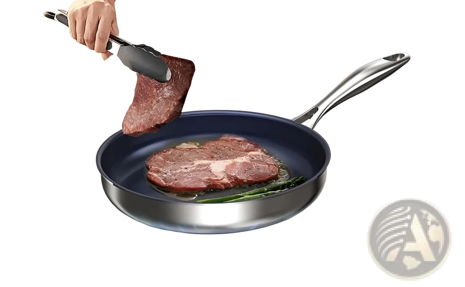 Blue 10-inch titanium non-stick frying pan with stainless steel handle and rim for versatile cooking use