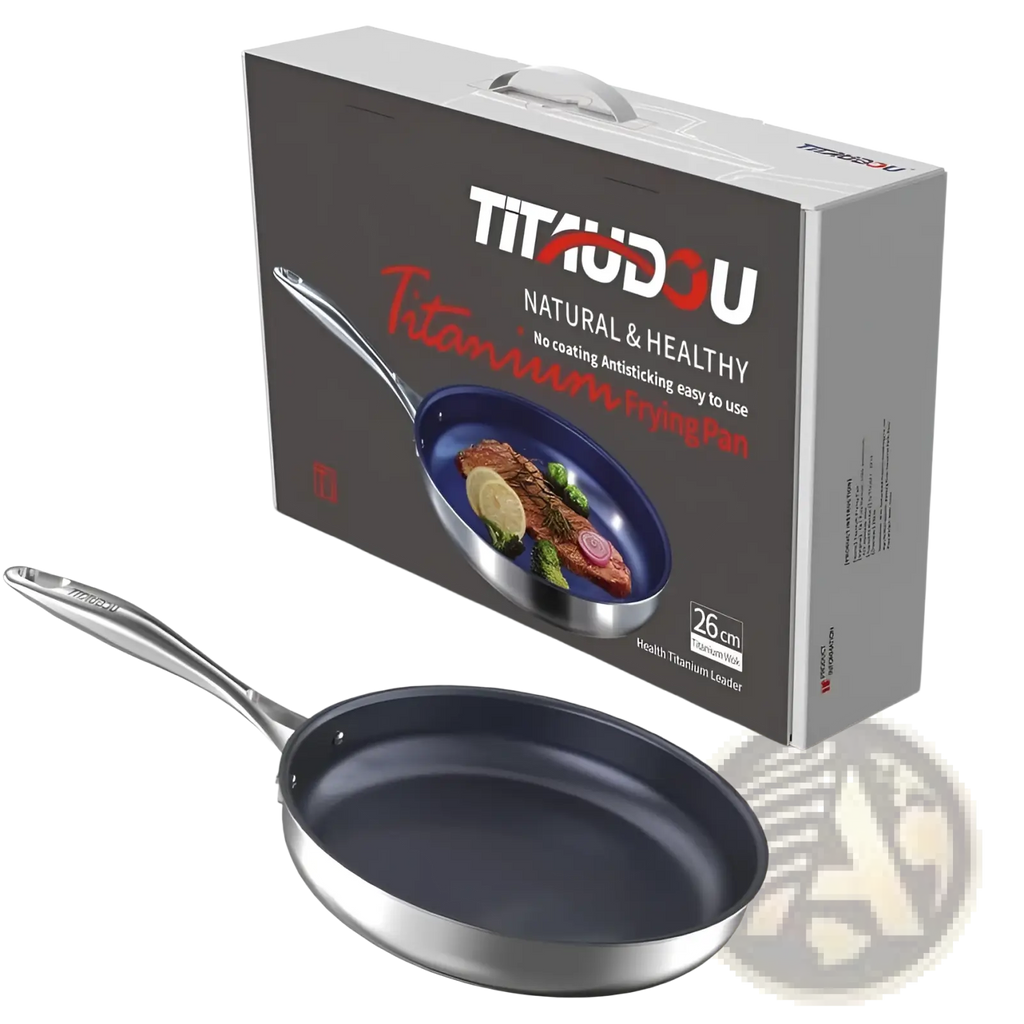 26cm titanium non-stick frying pan with sleek silver handle and dark cooking surface for stainless steel use