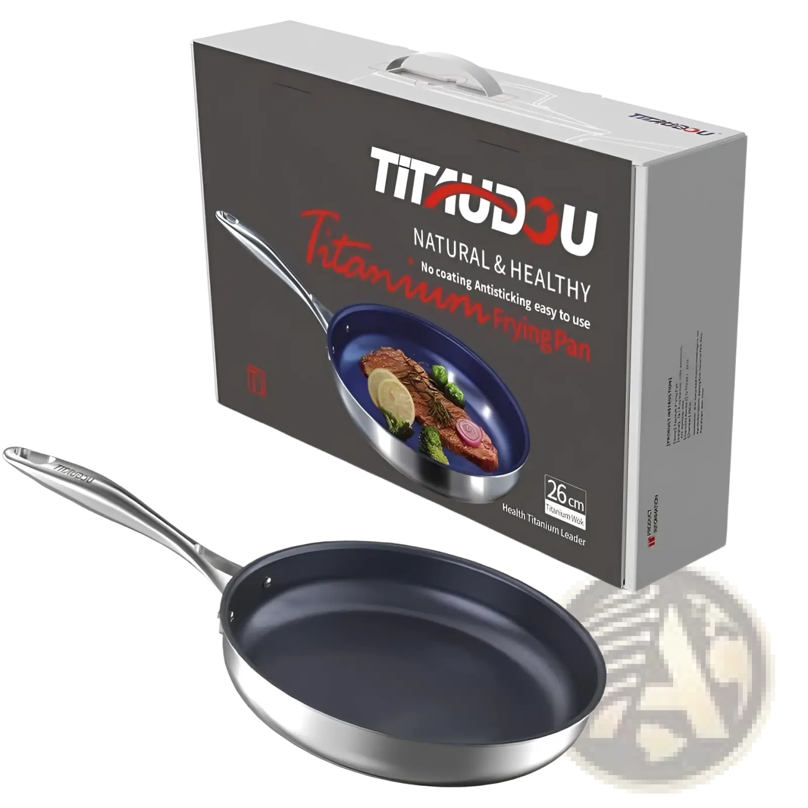 26cm titanium non-stick frying pan with sleek silver handle and dark cooking surface for stainless steel use