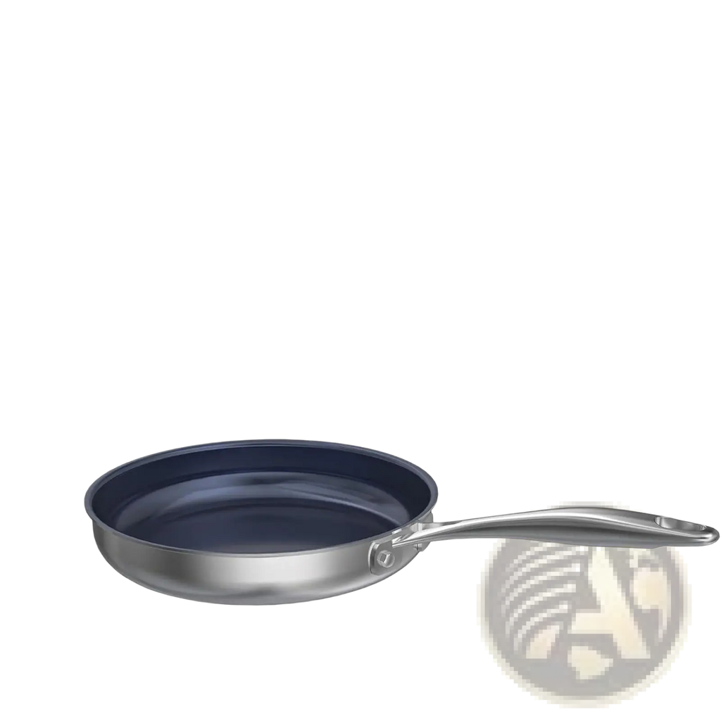 Silver stainless steel 10-inch titanium non-stick frying pan with dark blue interior and sleek modern design