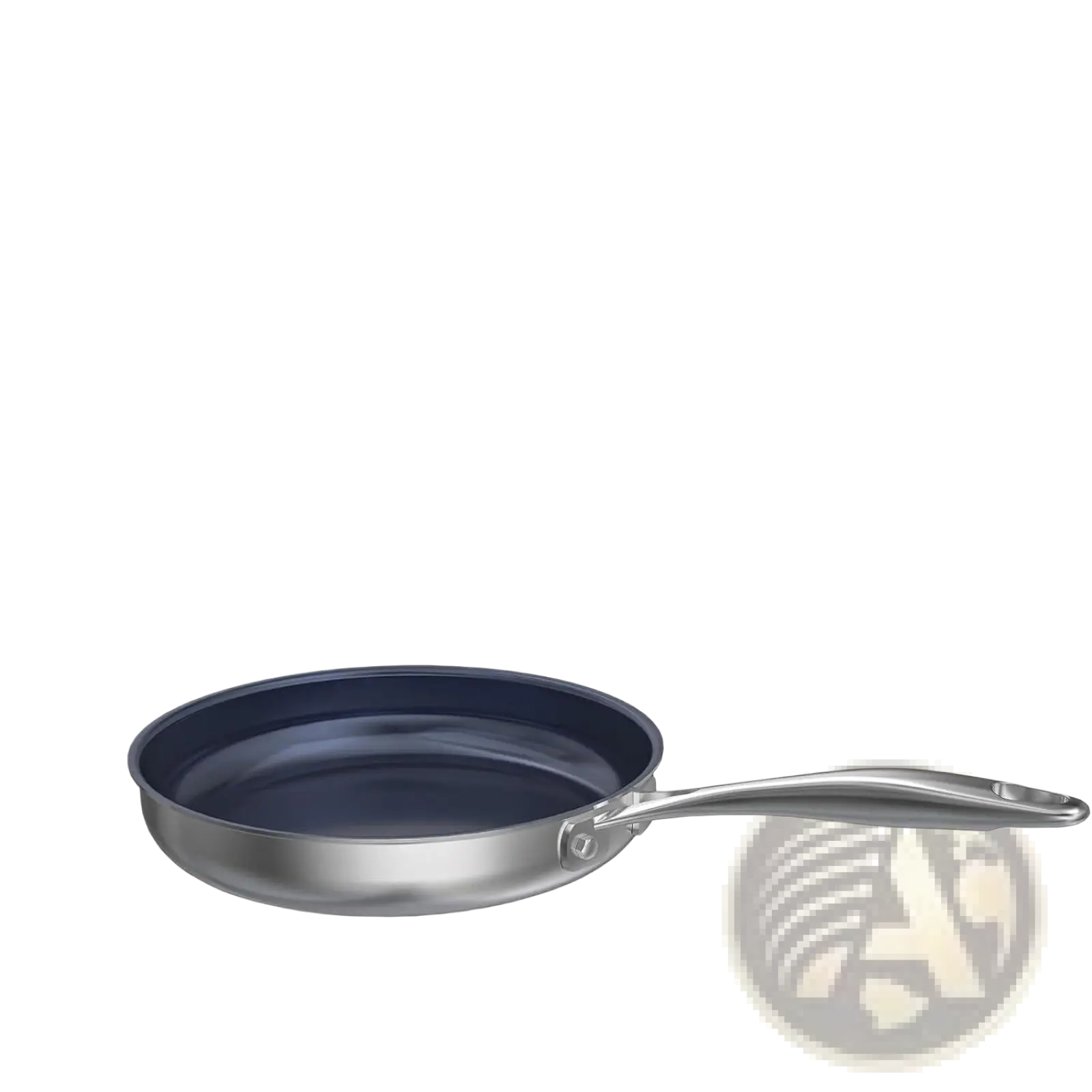 Silver stainless steel 10-inch titanium non-stick frying pan with dark blue interior and sleek modern design