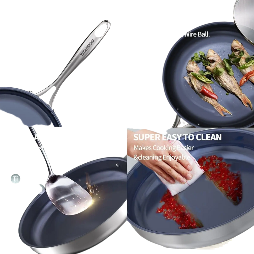 Blue glossy titanium non-stick frying pan 10-inch with cast steel handle and stainless steel exterior