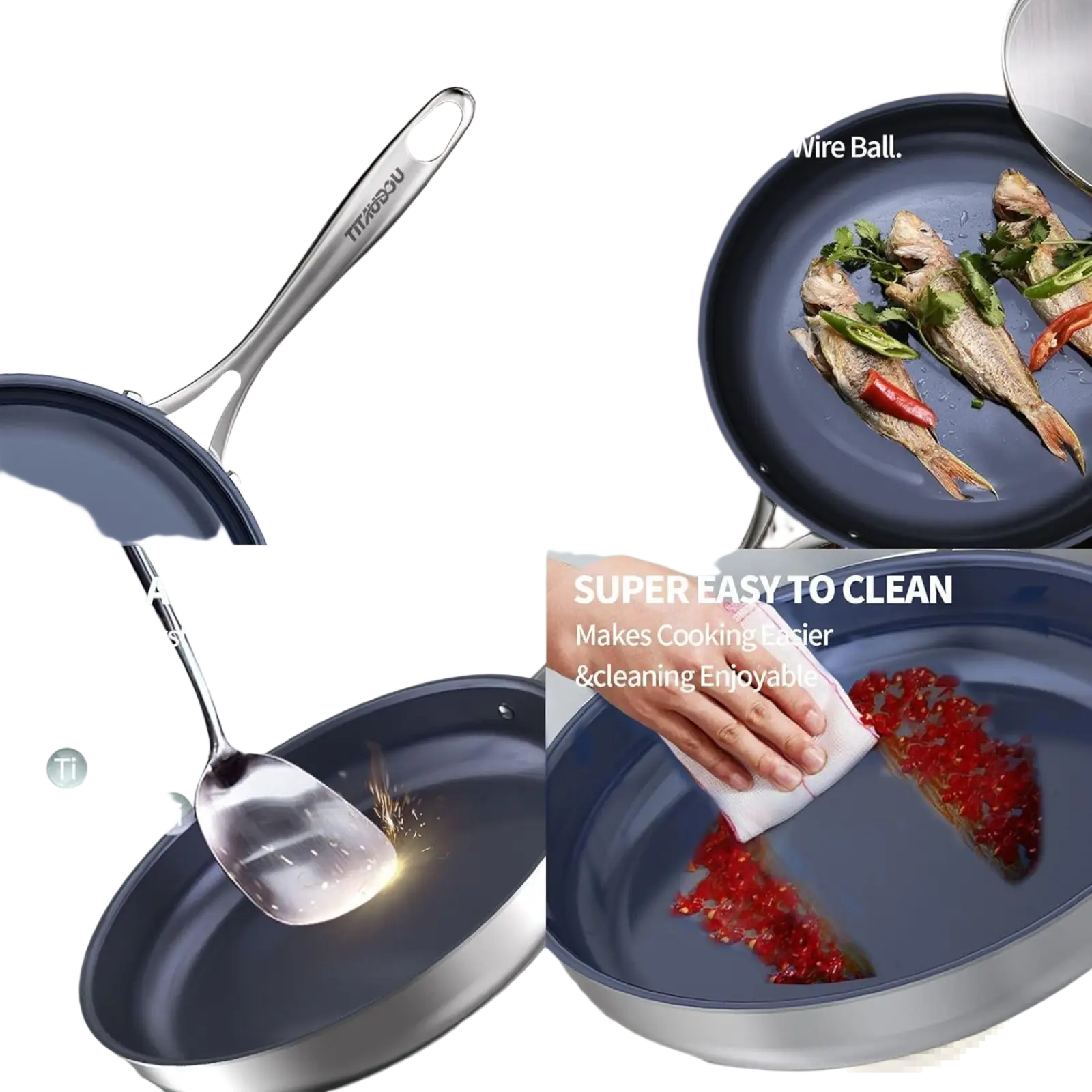 Blue glossy titanium non-stick frying pan 10-inch with cast steel handle and stainless steel exterior