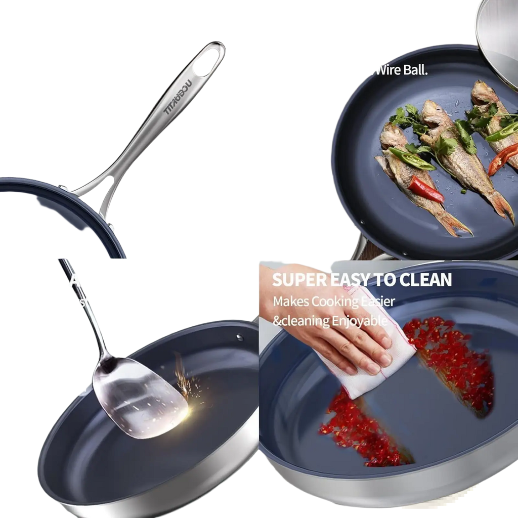 Blue glossy 10-inch titanium non-stick frying pan with stainless steel cast steel handle for versatile cooking