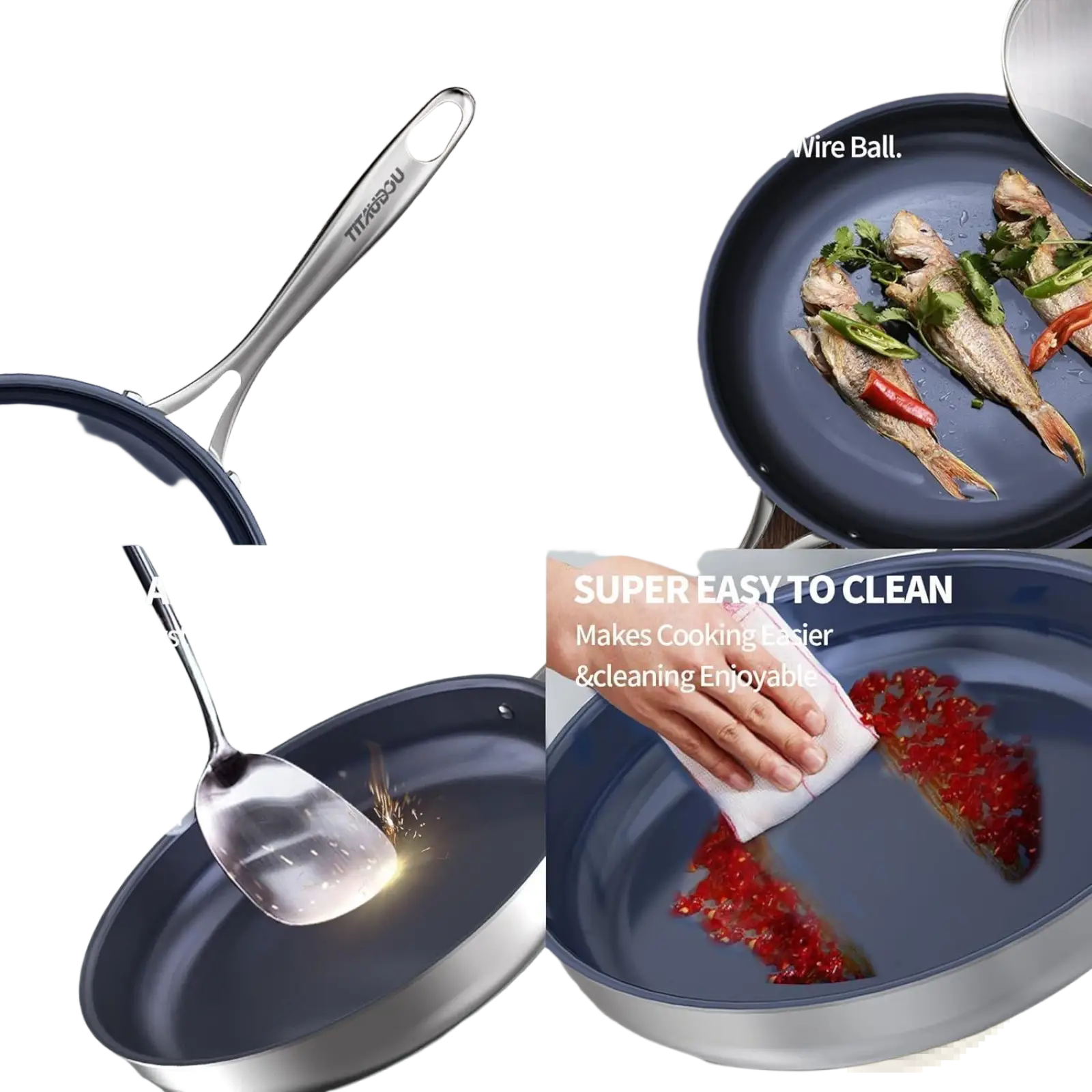 Blue glossy 10-inch titanium non-stick frying pan with stainless steel cast steel handle for versatile cooking