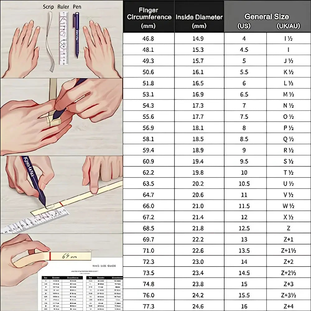 Detailed sizing chart for titanium steel cuban chain ring set showing finger circumference in millimeters with us and uk sizes