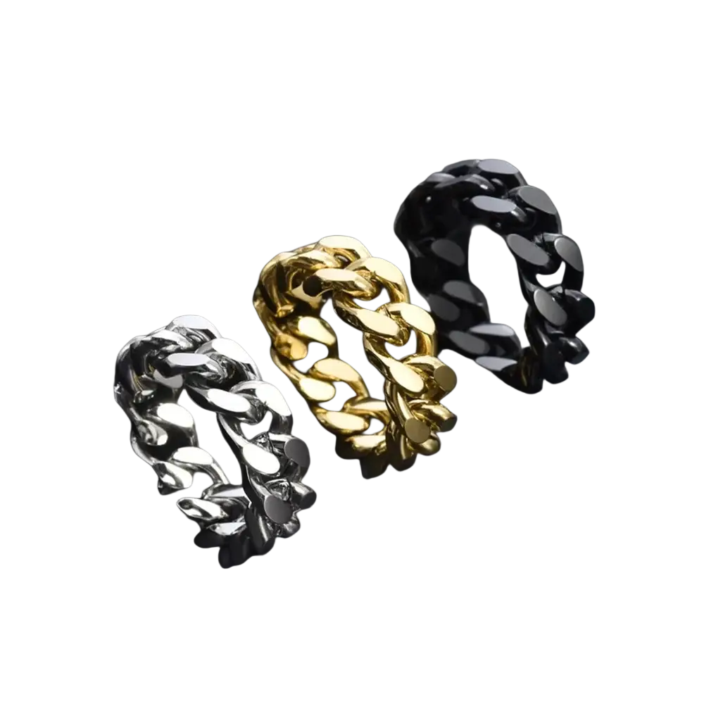 Titanium steel cuban chain ring set with three chunky curb chain rings in silver gold and black finishes