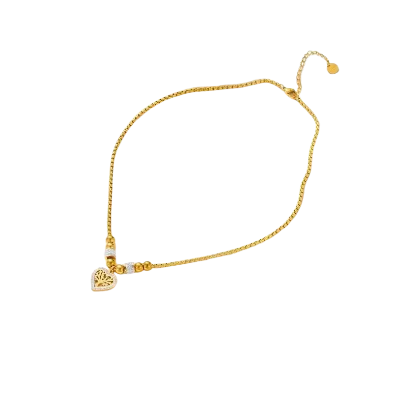 Titanium steel love pendant necklace with a delicate gold chain featuring a heart-shaped tree design and sparkling stones