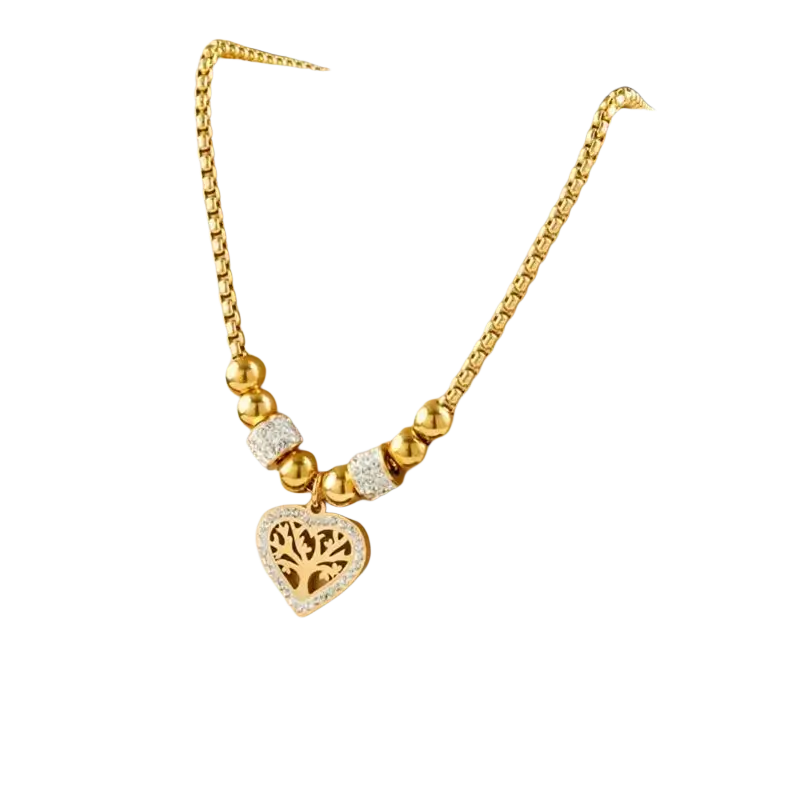 Titanium steel love pendant necklace with a gold chain, heart-shaped tree design, sparkling stones, and heavy sense beads
