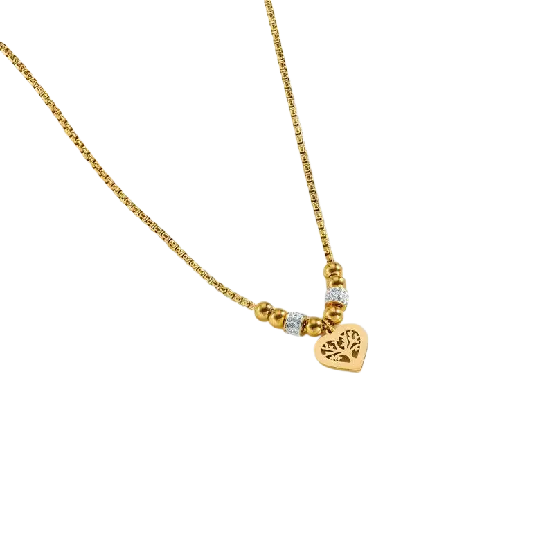 Gold-toned titanium steel love pendant necklace with heart-shaped tree of life design and crystal accents for heavy sense