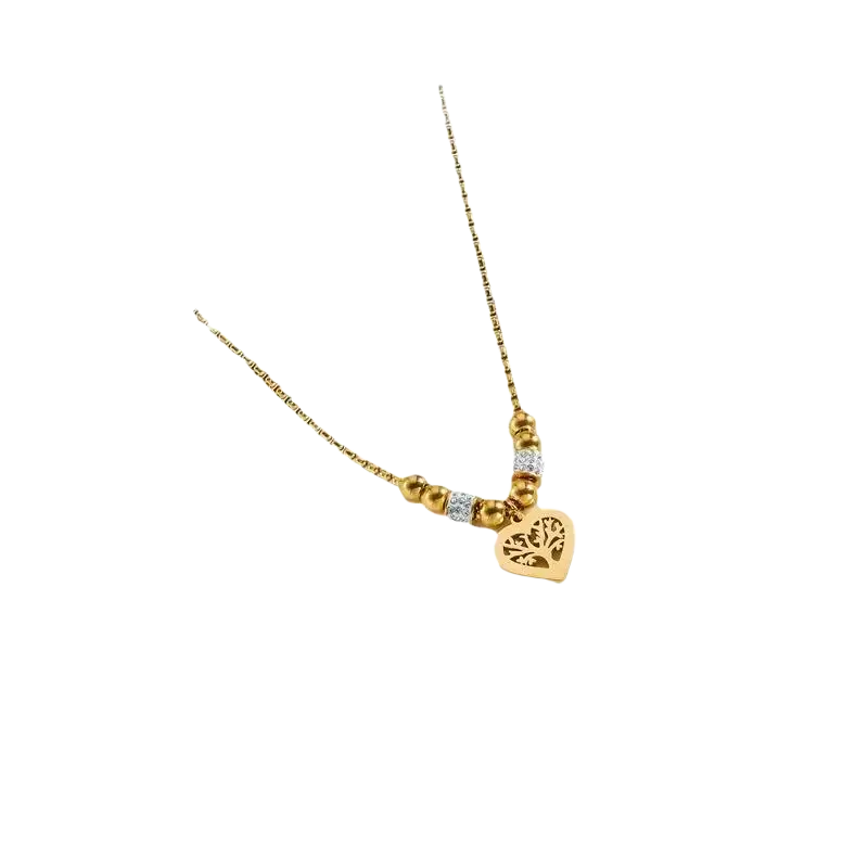 Gold-toned titanium steel love pendant necklace with heart-shaped tree of life design and crystal bead accents for a heavy sense