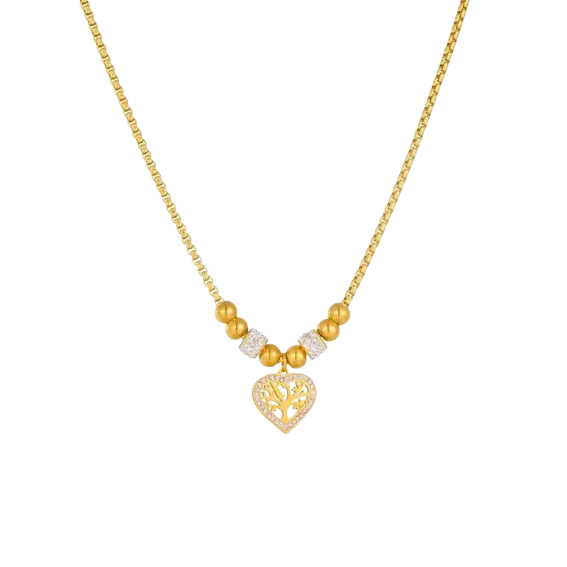 Gold-toned titanium steel love pendant necklace with heart tree design and sparkling stones for a heavy sense of elegance