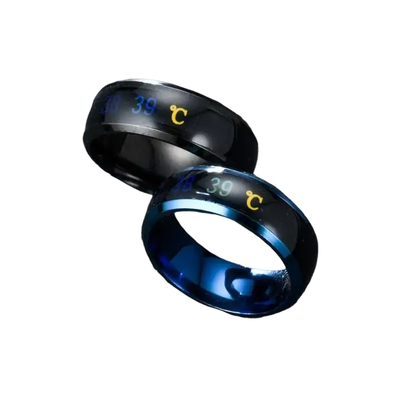 Titanium temperature sensitive mood rings in black and blue with engraved 38 39 °c temperature markings