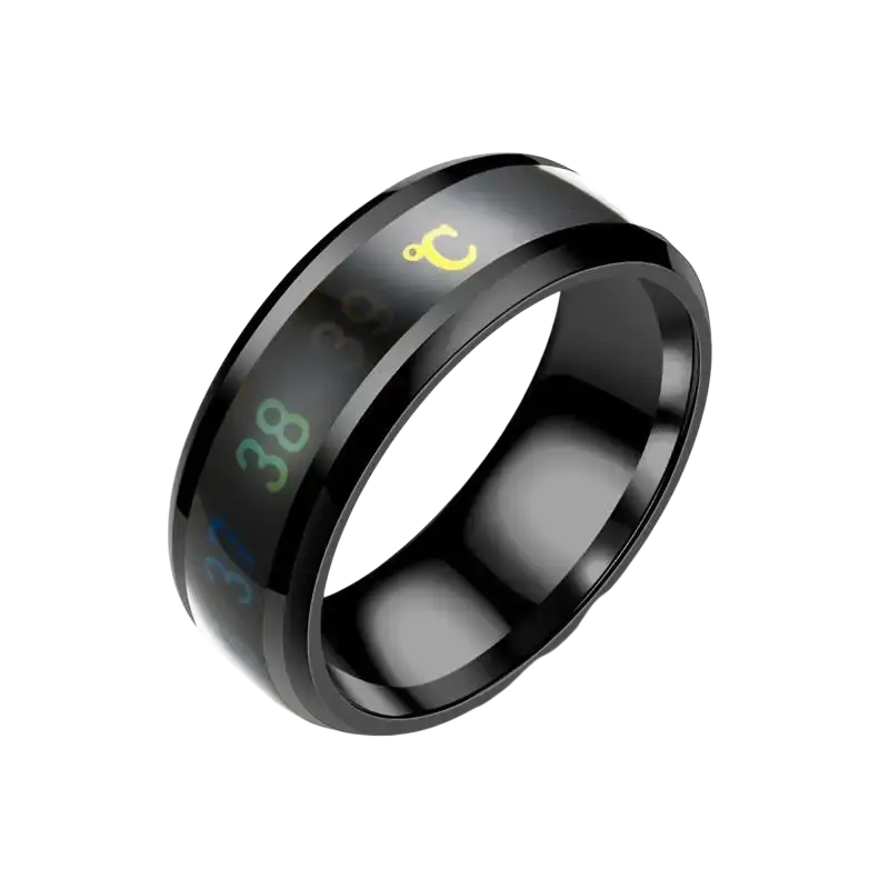 Titanium temperature sensitive mood ring black with glowing yellow celsius symbol and blue-green numerical display