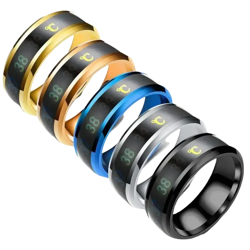 Set of five xpro titanium temperature sensitive mood rings in gold bronze blue silver and black with glowing anchor symbols