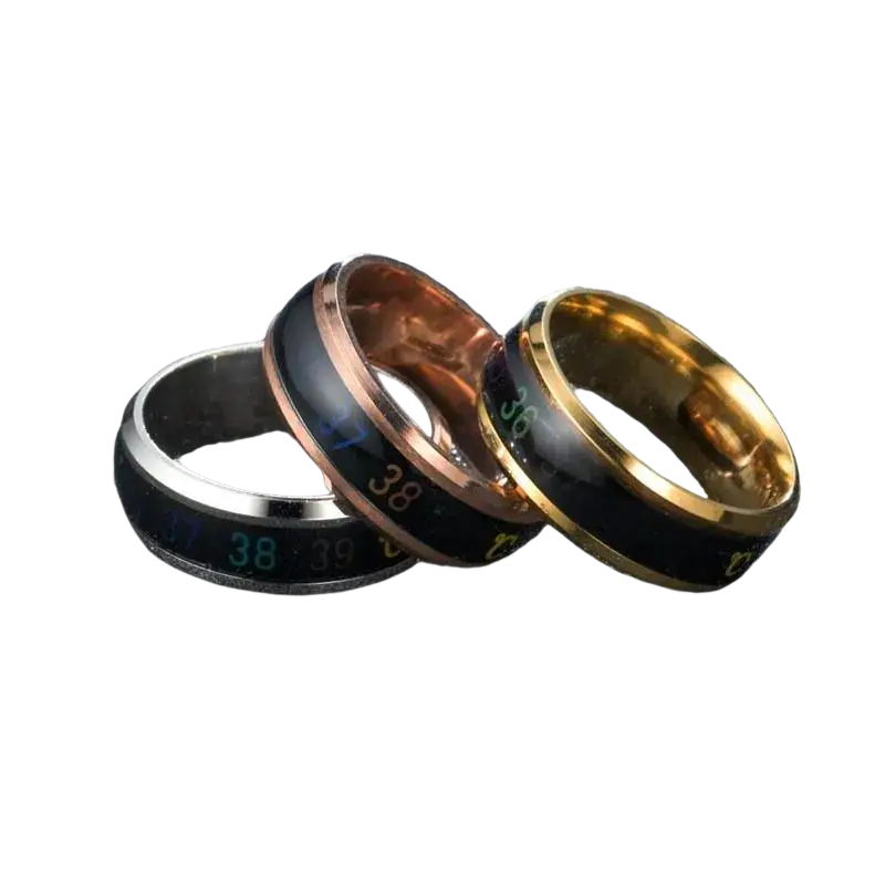 Three modern titanium temperature sensitive mood rings with black inlays and digital numbers in silver rose and yellow gold