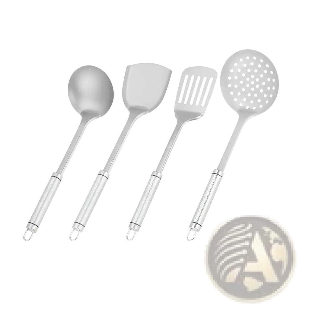 Set of four stainless steel titanium wok spatula and kitchen utensils with textured handles and hanging loops