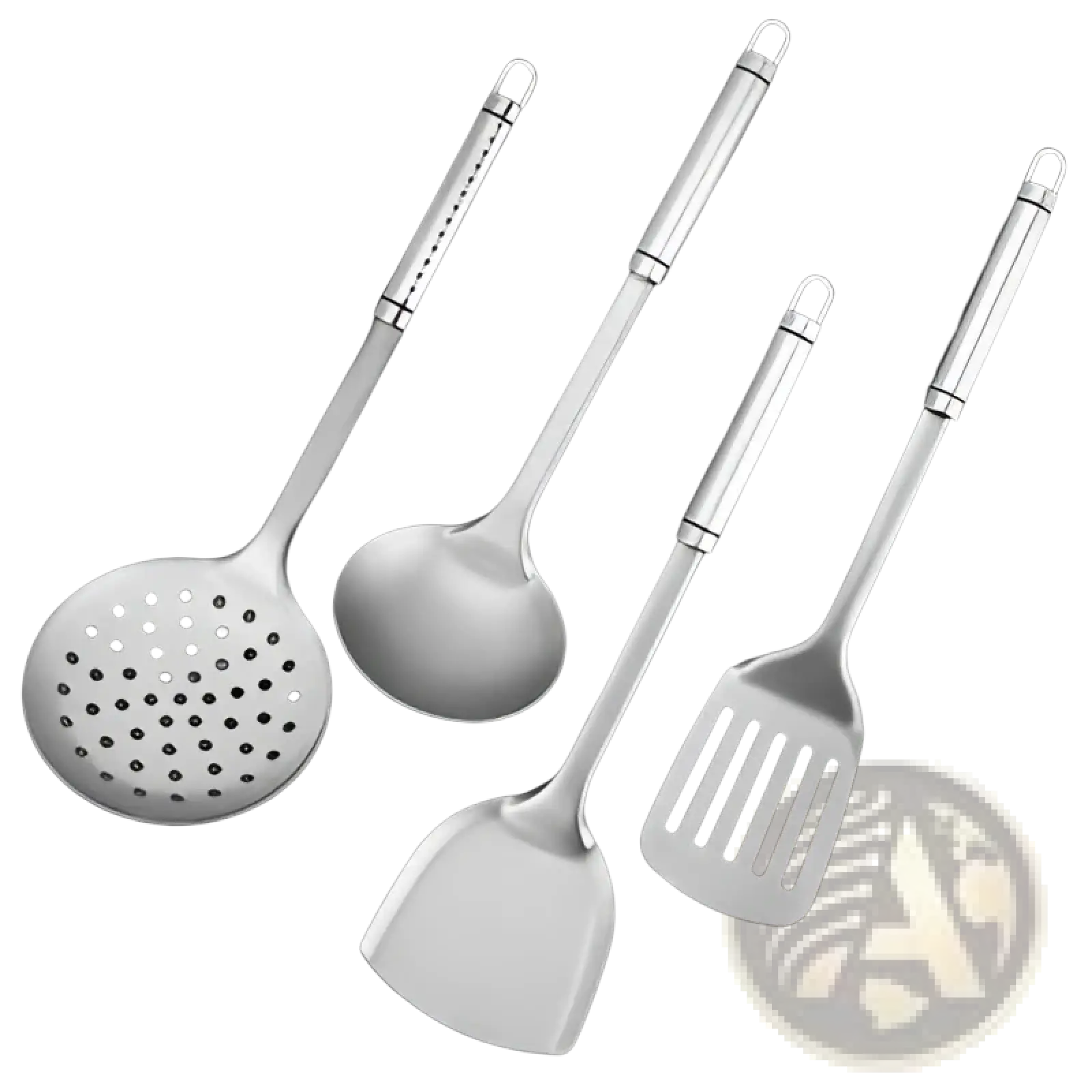 Set of four polished stainless steel kitchen utensils including titanium wok spatula and functional cooking tools